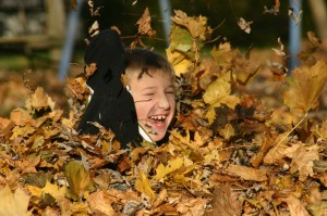 Christian playing in a pile of golden leaves